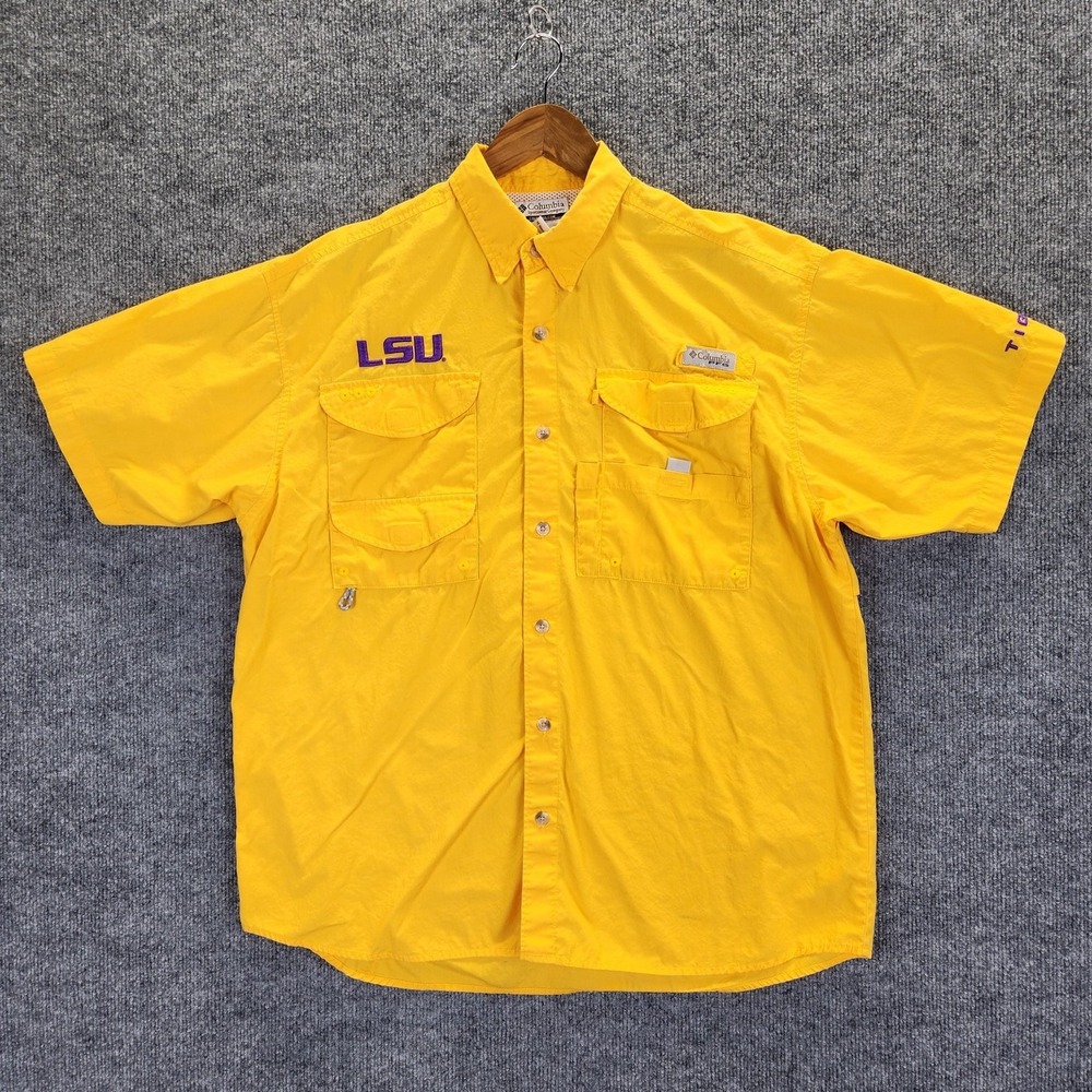 LSU Tigers Shirt Mens Medium Yellow Columbia PFG Fishing Vented Short Sleeve